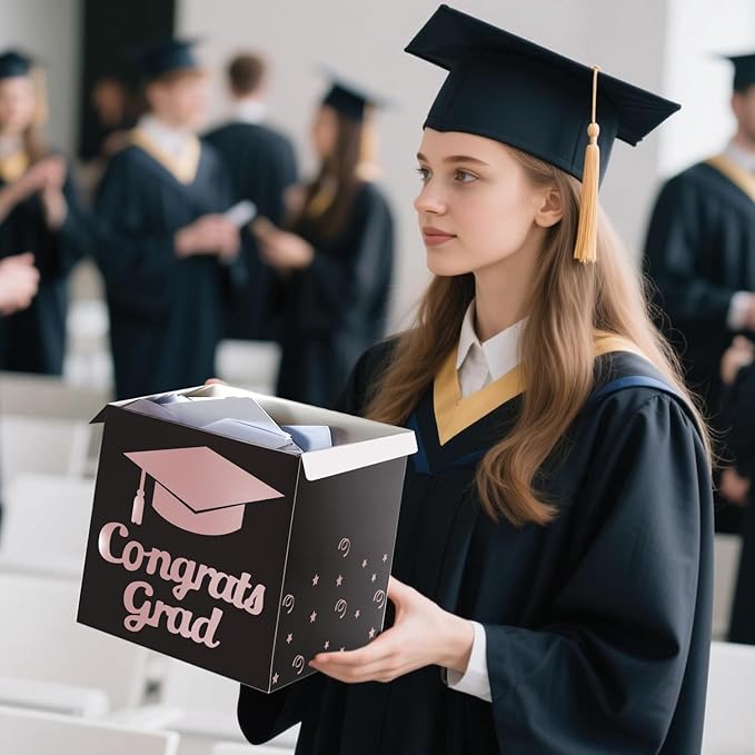 Graduation Card Box Holder, Congrats Grad Foldable Cardboard Decorations Box for Graduation Party Decoration and Grad Parties (Rose Gold)