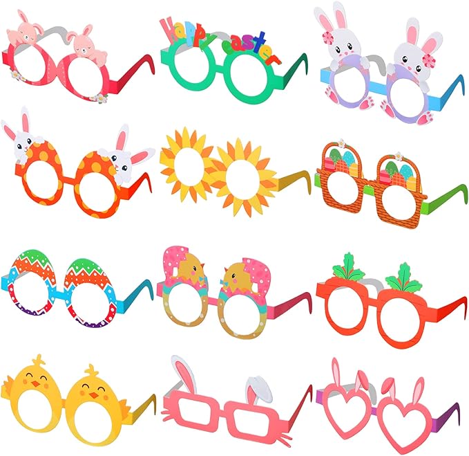 Lenwen 24 Pieces Happy Easter Glasses Paper Glasses Frame Chick Bunny Ears Eggs Eyeglasses Easter Day Eyewear for Kids Adults Photo Booth Props Party Favor Decorations Supplies