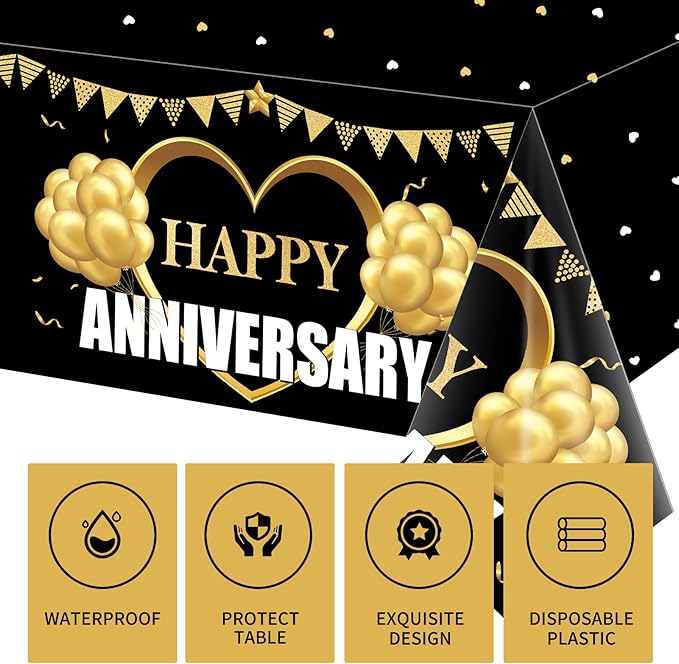 3 Pack Happy Wedding Anniversary Tablecloth Decorations, Black Gold Themed Table Cover Party Supplies, 25th 30th 40th 50th 60th Anniversary Plastic Disposable Rectangular Table Cloth Decor