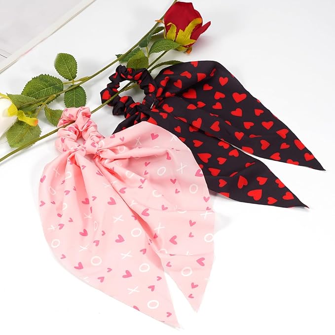 Valentines Hair Ties for Woman Girls Red Heart XOXO Ribbon Valentine's Day Hair Scrunchies Elastic Pink Love Hair Tie Party Supplies Hair Accessories 2PCS