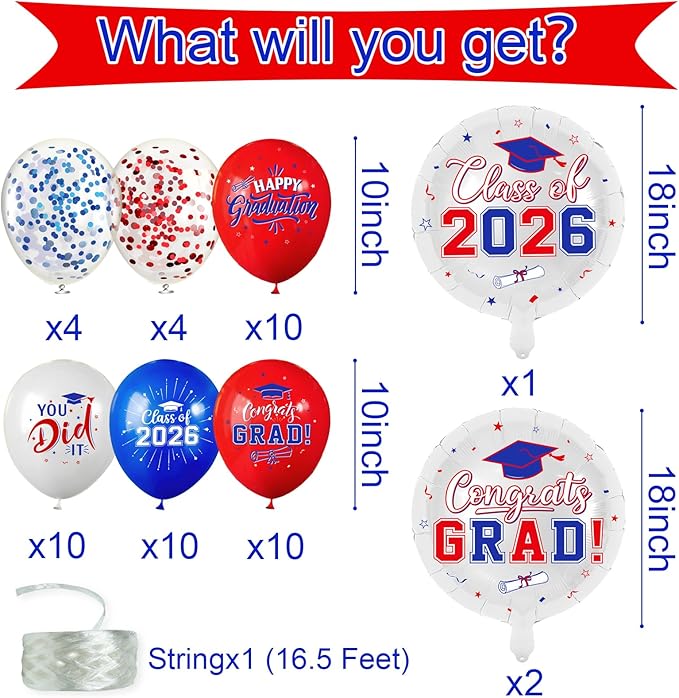 Red and Blue Graduation Balloons Graduation Decorations 2026, 51Pcs Grad Latex Balloons and Grad Foil Balloon with Confetti Ribbons Grad Party Decorations for College High School