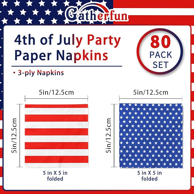 Gatherfun American Flag Patriotic Party Supplies Disposable Paper Napkins Cocktail Napkins for Veterans Day Election Day 4th of July Independence Day Decorations, 40 Pack of Stars+40 Pack of Stripes