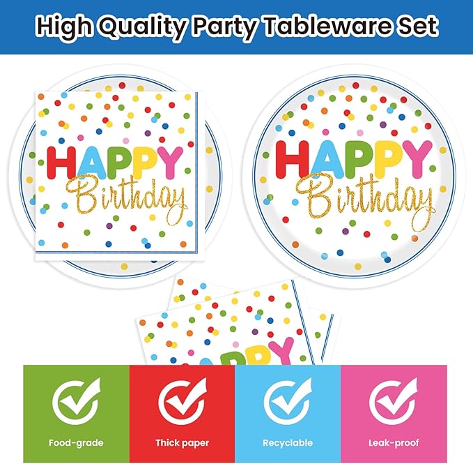 40Pcs Birthday Party Supplies Paper Plates and Napkins, Colorful Polka Dot Themed Dinner Plates Napkins Disposable Tableware Set for Birthday Party Decorations Serve 20