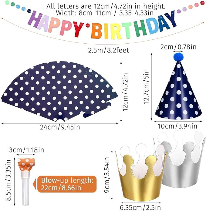 22PCS Birthday Party Hats Set Includes 1PC Happy Birthday Banner, 11PCS Cone Hats and 10PCS Party Blowers, Reusable Birth day Hat Set for Holiday Decorations, Photo Props, Birth Day Parties Supply