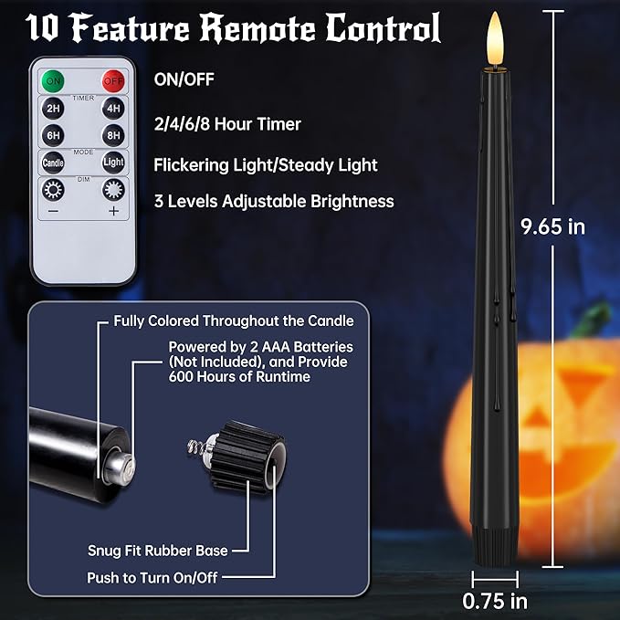 Black Flameless Taper Candles with Remote and Timer - 9.65 Inch Real Wax LED Candlesticks - Wax Drip Battery Operated Halloween Taper Candles with 3D Flickering Flame Halloween Decor, 6 Pack
