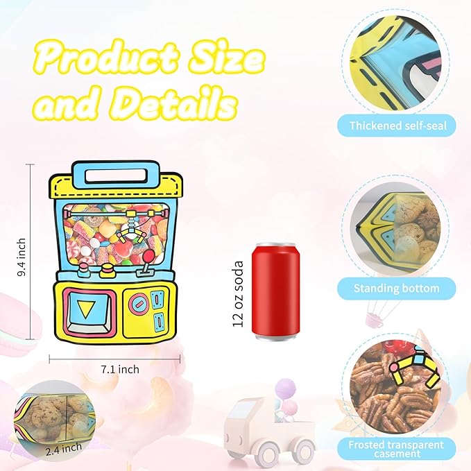EONSUI 30PCS Plastic Claw Machine Shaped Goodies Bags with Handles for Kids Birthday, Back to School Supplies, Baby Shower, Party, Wedding, Reusable Bulk Gift Wrapper for Candy, Snacks, Chocolate