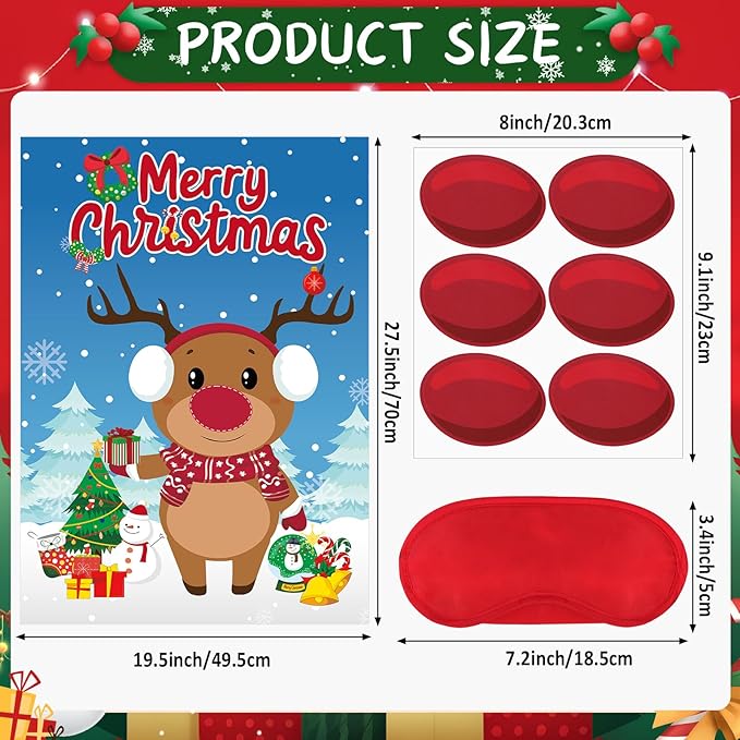 AUGSUN Pin The Nose on The Reindeer, Large Christmas Reindeer Poster Games Xmas Activities Winter Holiday Party Games for for Kids Adults Friends and Family Christmas Party Favors