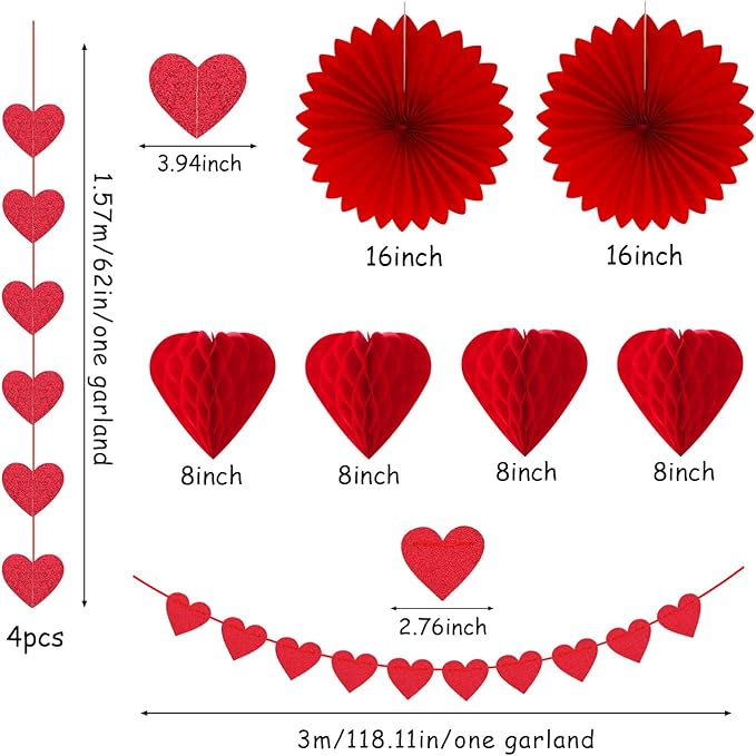 Galentines Party-Decoration Valentines-Day Heart Garland - 25pcs Red Paper Streamers Honeycomb Fans XOXO BEMINE Banner, Anniversary Baby Shower Wedding Love Hanging Supplies Decor Hugfond