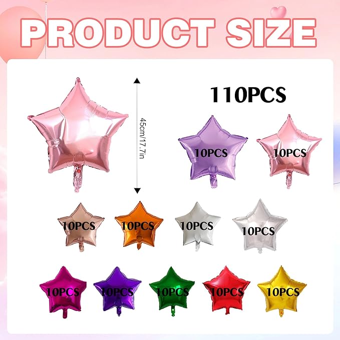 110 Pcs Star Shaped Foil Balloons 18 Inch Foil Helium Balloons Star Balloon for Party, Birthday, Wedding Decoration, New Year Eve Party (11 Colors)