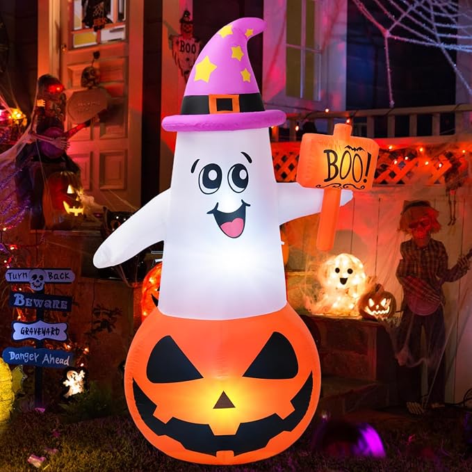 BOHON 5Ft Halloween Inflatables Decorations Outdoor Cute Pumpkin Ghost with Witch Hat Built-in Led Lights Blow Up Yard Decor Inflatable Clearance for Indoor Outside Home Holiday Party Lawn Garden