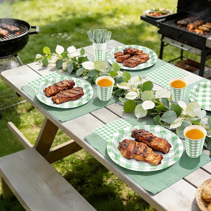 Green Gingham Disposable Party Tableware Set for 30 Guests – 9 & 7 Inch Paper Plates, Cups, Napkins and Forks, Green Checkered Paper Dinnerware for Birthday, Picnic, Baby Shower, Outdoor Gatherings