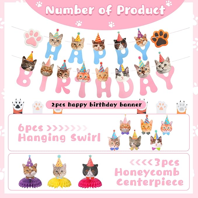 Chinco 16 Pcs Cat Theme Birthday Party Decorations Party Supplies Kit, Includes Cat Party Banner with 6 Hanging Cutouts 6 Hanging Swirl Decor and 3 Birthday Honeycomb Party Decoration(Cute Style)