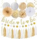 Champagne Gold White Bridal-Shower Party-Decorations - 31pcs Bride to Be Banner,Boho Neutral Bachelorette Paper Lanterns,Wedding Streamers Garland,Tissue Pom Poms Flower Fan Decor Supplies Burgleda