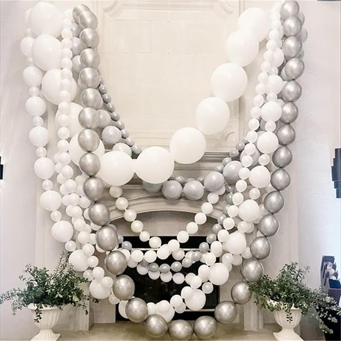 White and Silver Linking Balloons, 100PCS 6 Inch Small Metal Silver Quick Link Balloons for Making Balloon Wall Heart Arch Tails Balloon for Wedding Birthday Baby Shower Graduation Party Decorations