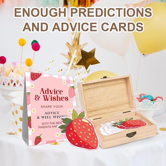 52 Pcs Strawberry Baby Shower Advice and Wishes Cards Box Set, 50 Strawberry Double Sided Advice Cards with Wooden Keepsake Box for Parents To Be, Pink Well Wishes Box for Baby Shower Birthday Party