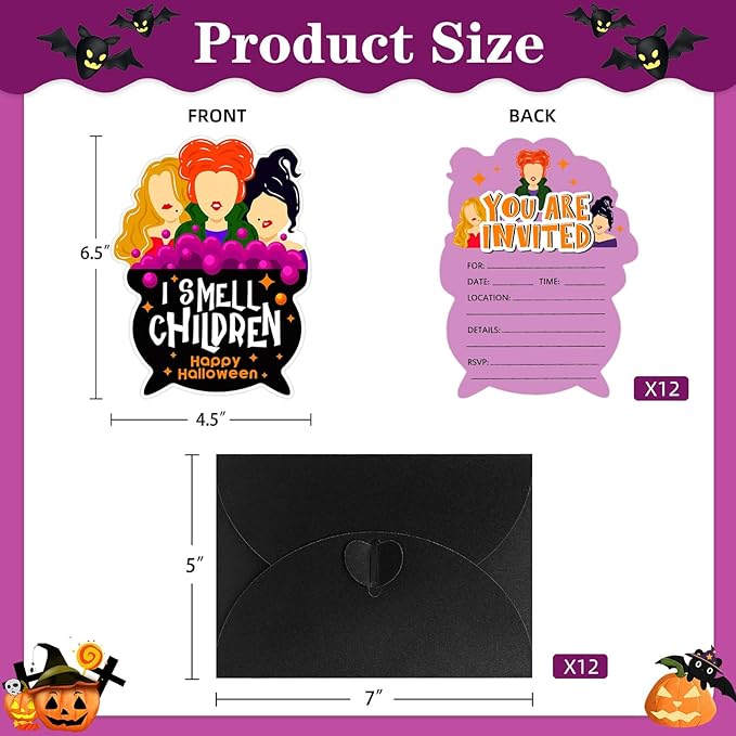SICOHOME Halloween Party Invitations - 12pcs 5"x7" Halloween Birthday Invitations with Envelopes for Kids Adult Baby Shower Greeting Gift Cards Hocus Pocus Invitations Party Favors Supplies