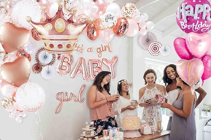 Rose Gold Crown Mylar Balloons And Pink Birthday Large Round Mylar Balloons Set For Birthday Decorations For Women
