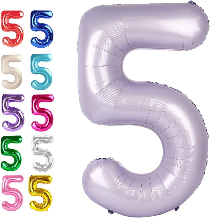 Large Lavender 40 Inch Birthday Number 5 Balloon, Lilac Five 5th 15 25 35 50 55 Birthday Anniversary Celebration Decorations, Foil Mylar Helium Numbers 5 Balloons Girl Boy Party Supplies