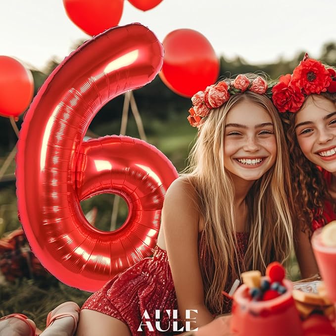 AULE 40 Inch Big Red 6 Balloon Number Large Foil Helium Number Balloons 0-9 Jumbo Giant Happy 6th Birthday Party Decorations for Boy or Girl Huge Mylar Anniversary Party Supplies
