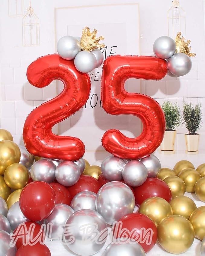 AULE 40 Inch Big Red Foil 25 Number Balloons for Women Large 25th Happy Birthday Decorations Giant Huge Helium Mylar 52 Anniversary Party Decor