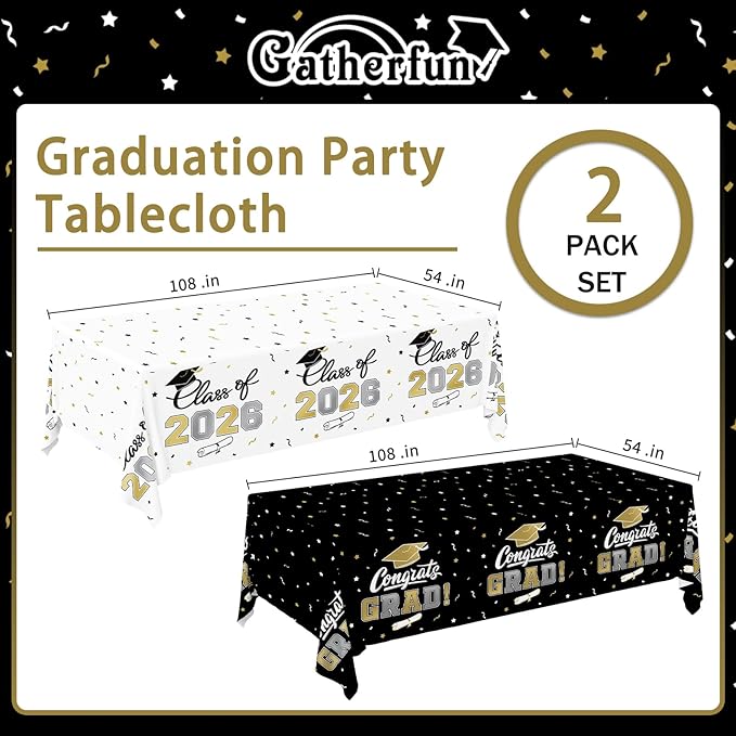 2026 Graduation Decorations : 2-Pack Congrats Grad Disposable Tablecovers - Class of 2026 Black and White Themed Table Cloths, for Graduation Party Supplies & Graduation Backdrop, 54" X 108"