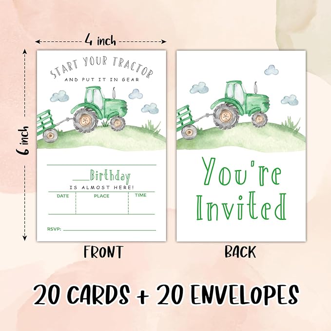 Farmyard Green Tractor Birthday Party Invitation Cards for Boys Girls, Start Your Tractor Birthday Celebration Party Invite Cards Supplies, 20 Double-Sided Fill In Invites With Envelopes -02