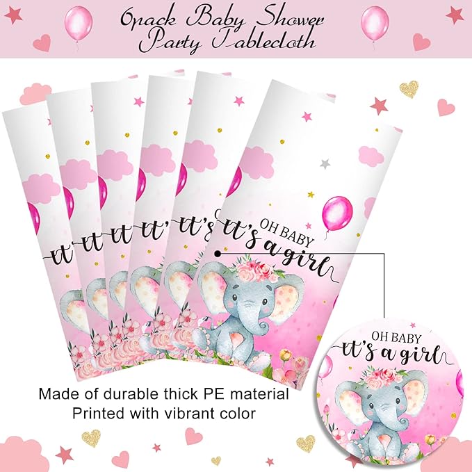 6 Pack Elephant Baby Shower Decorations - Plastic Tablecloth Table Cover Backdrop for Boy Girl Gender Party Supplies, 54 x 108 Inch, Pink