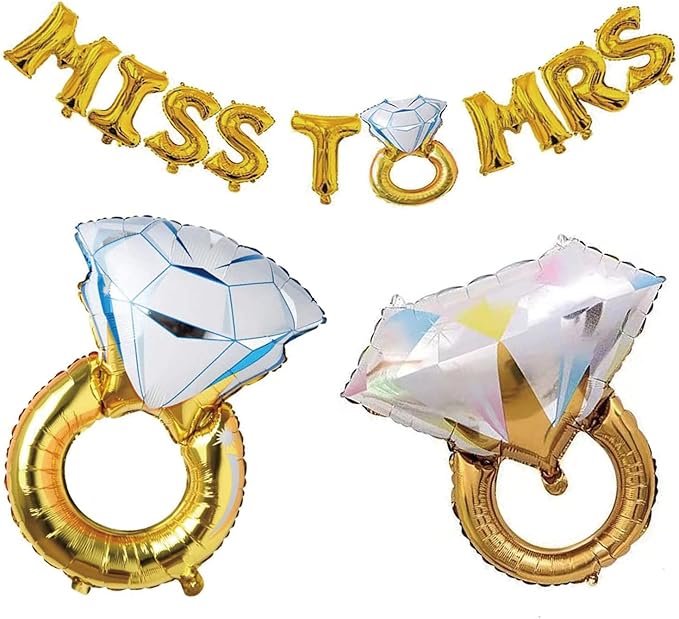 SHUNTAI Gold Engagement Party Decorations Ring Balloons Gold 16 inch Miss to Mrs Letter Balloons Banner Kit Engagement Aluminum Balloon for Wedding Bridal Shower Party Decor