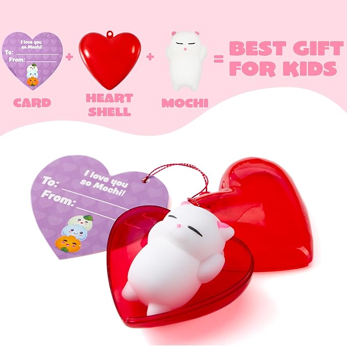 JOYIN 28 Packs Valentine Day Gift Cards with Mochi Squishy Toys and Filled Hearts for Kids Valentine Classroom Exchange, Kawaii Stress Relief Toys School Gifts Exchange, Games Prizes