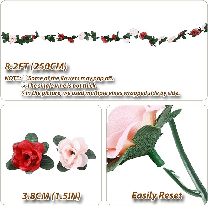 Miracliy 8Pcs 66FT Red Flower Garland, Orange Artificial Rose Floral Vines Fake Hanging Spring Flower Garland for Wall Backdrop Wedding Arch Tea Party Door Mantle Decoration