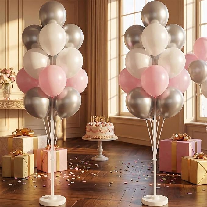 2 Set Balloon Stand Kit with Metallic Silver Pearl Light Balloons Column Kit for Floor&Table Backdrop Decor for Theme,Gender Reveal Party Weddind,Bridal Shower Birthday Graduation