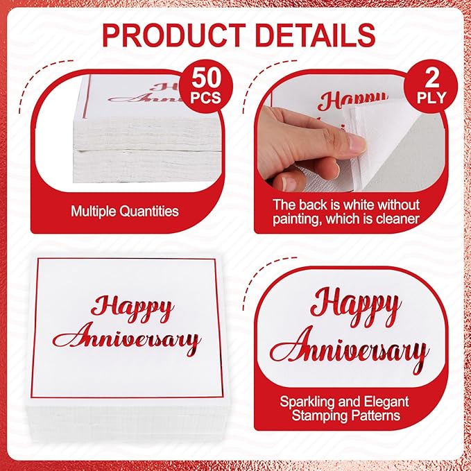 Vuzvuv 50 Pack Red Foil Happy Anniversary Decorations Cocktail Napkins - Wedding Dating Anniversaries Party Dinner Hand Napkin for Party Supplies Decorations Table Decor (5" Folded 2 Ply)