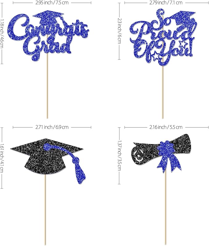 24Pcs Black Blue Graduation Cupcake Toppers 2026, Glitter Grad Cap Diploma Congrats Grad We Are So Proud of You Cupcake Toppers for Class of 2026 Graduation Party Decorations.