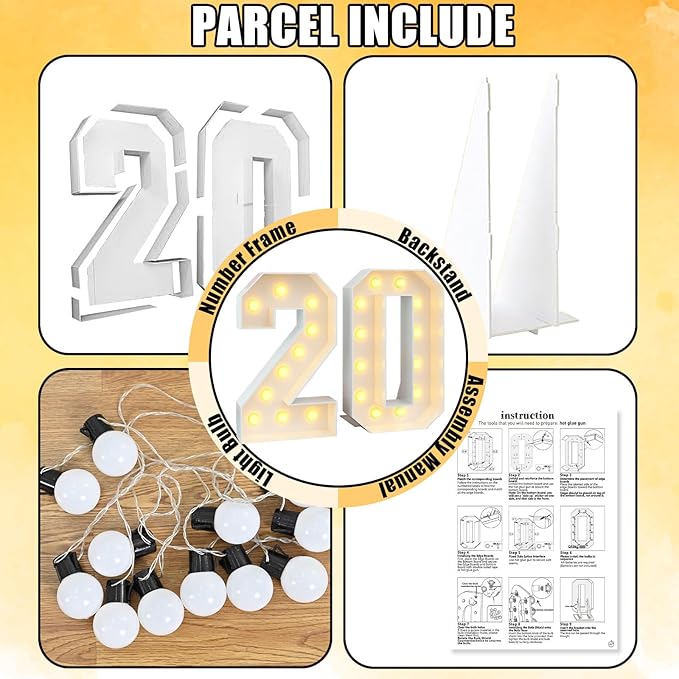 Light Up Number 20 White Marquee 4ft Numbers with Lights Large Mosaic Frame with Slots for 20th Birthday Party Decorations Anniversary Pre-Cut Cardboard Thick Foam Board Sign New Year Graduations