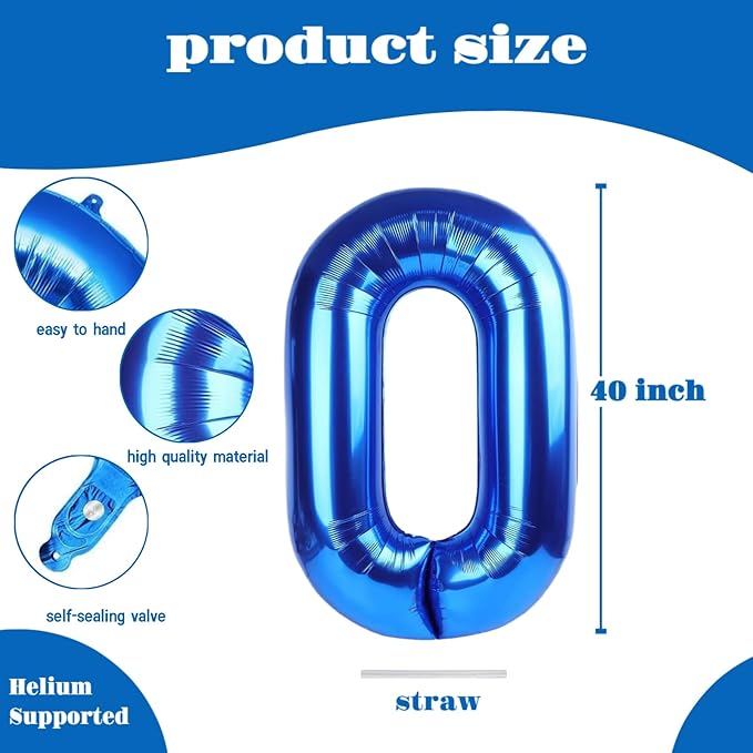 10PCS 40 Inch Large Foil Number Balloons 0-9 Set - Reusable Metallic Blue Birthday Wedding Decorations