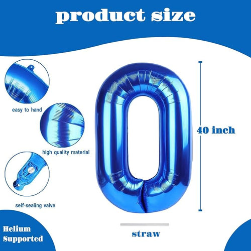 10PCS 40 Inch Large Foil Number Balloons 0-9 Set - Reusable Metallic Blue Birthday Wedding Decorations