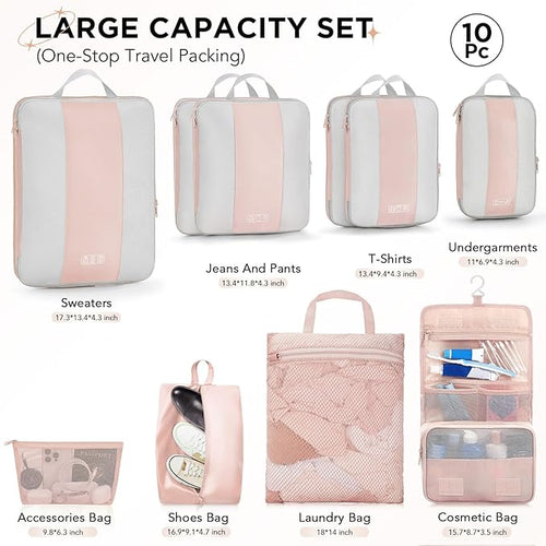 10 Set Compression Packing Cubes for Travel Gifts Women Mom,OlarHike Luggage Clothes Organizer for Travelers,Airplane/Cruise/Car/Train Travel Essentials,Compressible Expandable Saver Space Bags(Beige)
