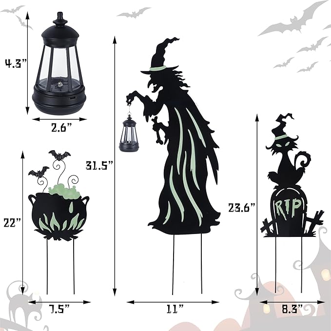 Prsildan Halloween Decorations Outdoor - 3 Pack Metal Witch Yard Stakes with Solar Lantern & Glow in The Dark Cauldron + Tombstone, Lighted Witches Silhouette Decor for Porch Garden Lawn Cemetery