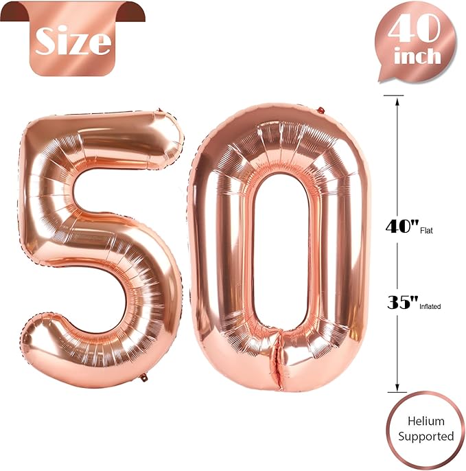 50 Balloon Number, Rose Gold Number 50th Birthday Balloons 40 Inch, 50 Years Old Rose Gold Birthday Decorations for Men Women, 50th Anniversary Decorations