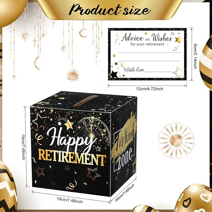 Funrous 51 Pcs Retirement Card Box Advice & Well Wishes Cards for Women Men Happy Retirement Party Decorations Going Away Party Favors(Black and Gold)