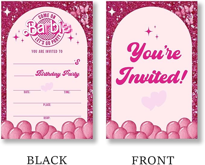 Pink Doll Birthday Party Invitations Supplies with Envelopes Set of 20 Girl Birthday Invites Fill in Blank, Double Sided