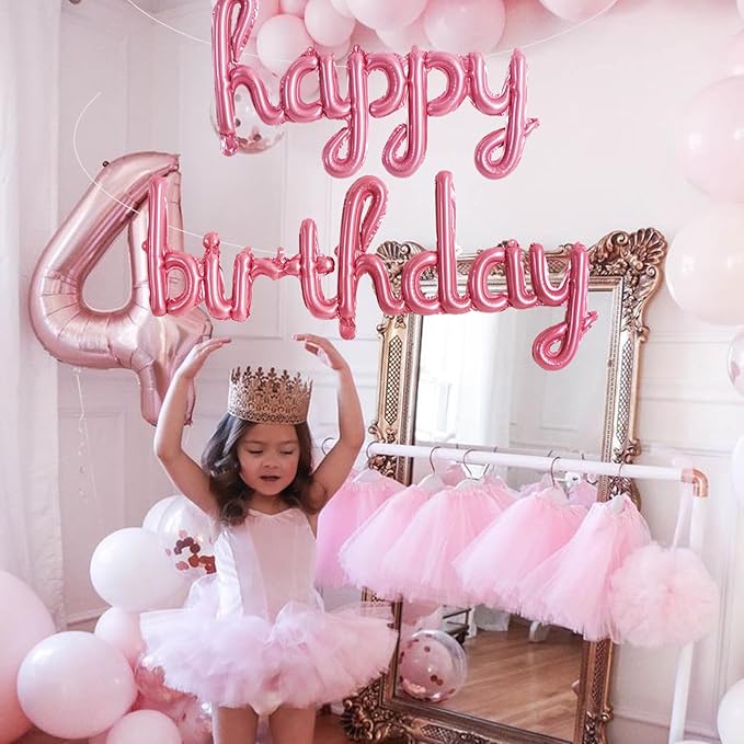 TONIFUL Pink Happy Birthday Balloons 16 Inch Pink Mylar Foil Script/Cursive Letters Balloons Sign Banner Reusable Material for Girls Boys Kids & Adults Birthday Decorations