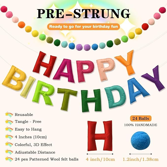 LOLStar Happy Birthday Banner Felt Ball Garland Colorful Dainty Pre-Strung Rainbow Birthday Banner Reusable Happy Birthday Sign Photo Booth Props Primary Color Birthday Party Decoration for Kids Girls