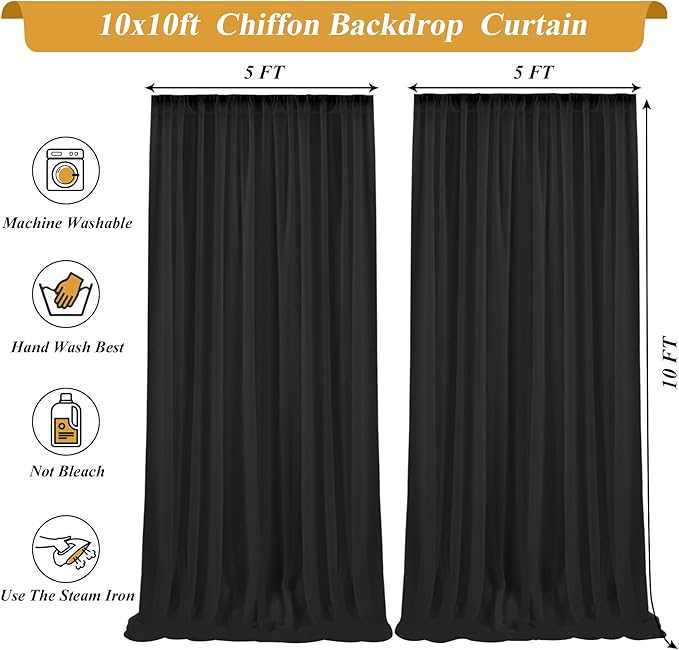 10x10ft Black Chiffon Backdrop Curtain with Lights String for Wedding Sheer Tulle Curtain Photo Backdrops Drapes for Baby Shower Birthday Party Home Ceremony Decorations