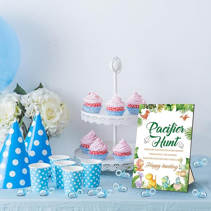 Thyle 51 Pcs Dinosaur Pacifier Hunt Baby Shower Games Include Dinosaur Theme Hunt Sign and 50 Acrylic Pacifiers for It's a Boy Baby Shower Game Decoration Gift Sets Gender Reveal Party Decor