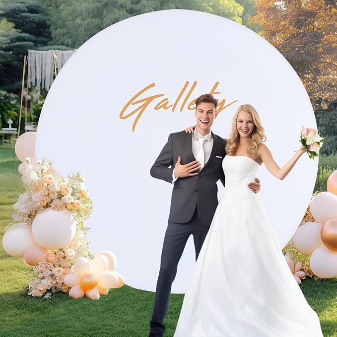 Gallety 7.2FT White Round Backdrop Cover with Size Adjuster & 4 Metal Clips, Universal Fit for 5ft-7.2ft Circle Stand, Polyester Fabric Arch Cover for Wedding, Birthday Party, Videos Photography Decor