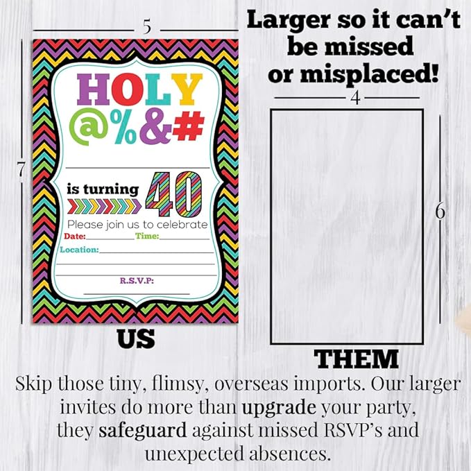 Funny “Holy @%” 40th Birthday Party Theme 20 Invitations 5x7 Fill-In Cards with Envelopes, Adult Humor Design for Milestone Birthday Celebration, Made in USA by Amanda Creation
