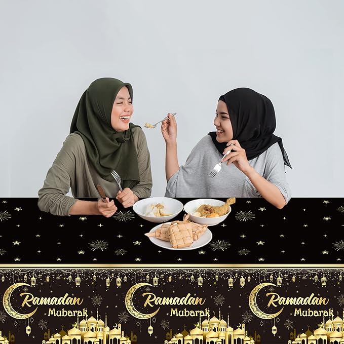 1PC Ramadan Mubarak Tablecloths Eid Mubarak Table Decorations Ramadan Kareem Party Supplies Black and Golden Rectangle Table Cover for Eid Al-fitr Party Favors