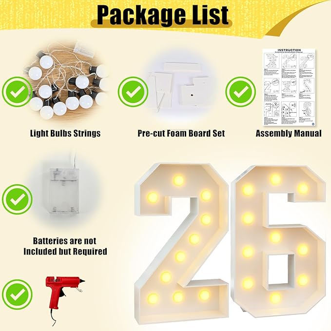 4ft Light Up Numbers 26 Number with Lights Bulbs White Marquee Frame Slots-in for 26th Birthday Party Decorations Pre-Cut Mosaic Cardboard Large Cut-Out Thick Foam Board 26 Sign Graduation New Year