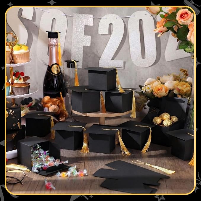 TaoBary 12 Pieces Graduation Candy Box Graduation Decorations Party Gift Boxes Graduate Cap Box Candy Chocolate Cookie Supplies for Ceremony Party(Black)